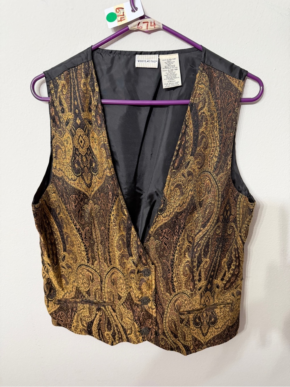 Women’s White Stag Large 12/14 Brown Gold Paisley Brocade Button Front Vest